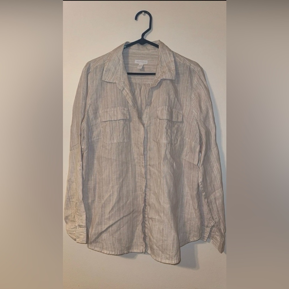 Charter Club Women’s XL Linen Blend Metallic Stripe Button Up Blouse Top Shirt